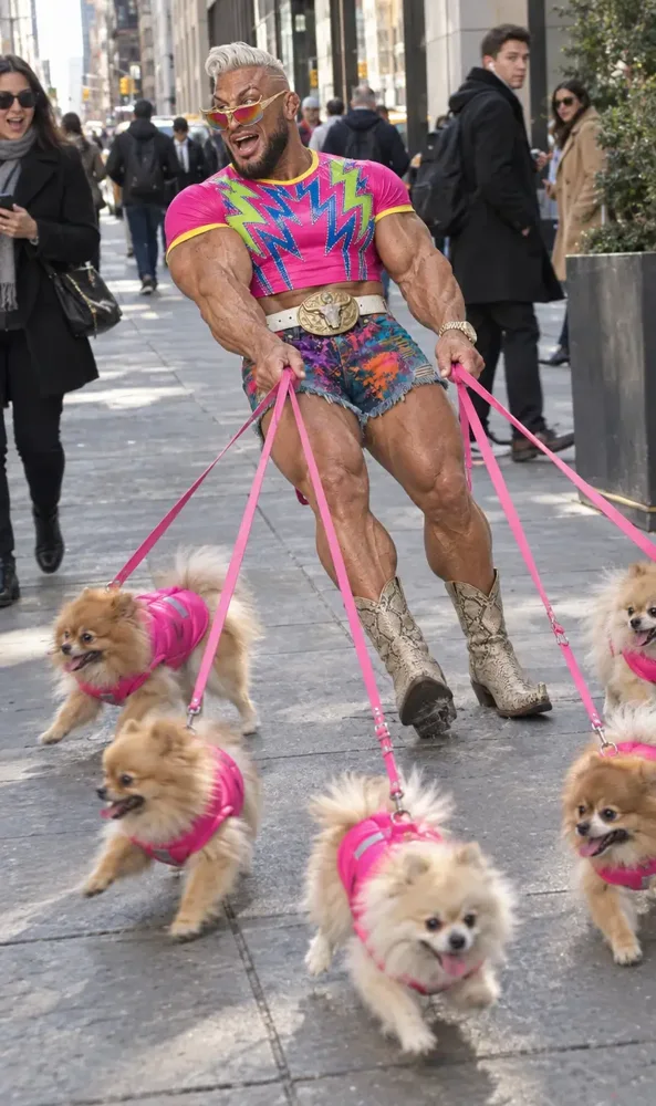 Tank being dragged down Fifth Avenue by five Pomeranians in neon jackets