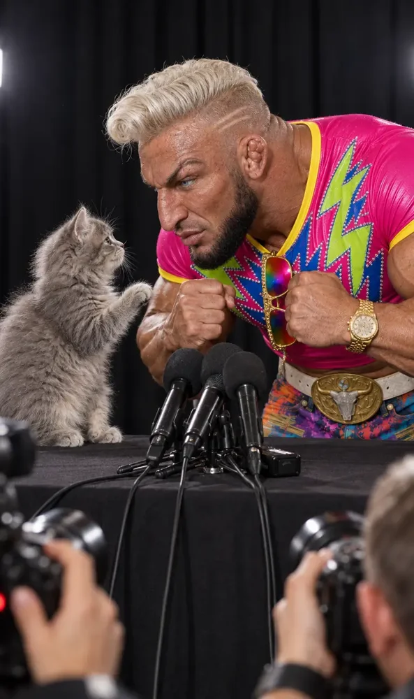 Tank in a fight-night staredown with a tiny grey kitten