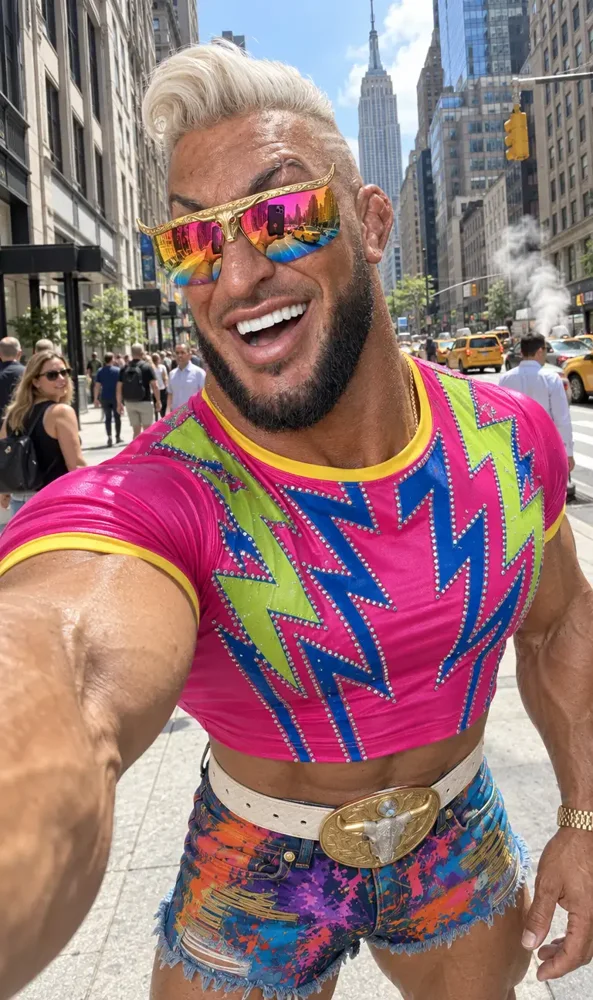 Tank laughing in a selfie on a Manhattan street